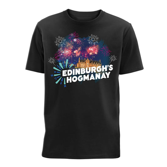 Castle Fireworks T-Shirt - Black - Front - Edinburgh's Hogmanay